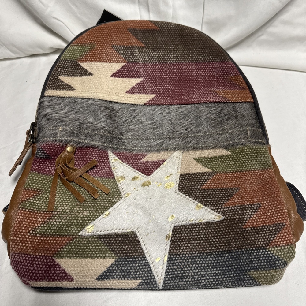 Myra Bag Multi-Colored Canvas Cowhide Leather Backpack Purse W/Adjustable Straps - Picture 5 of 5